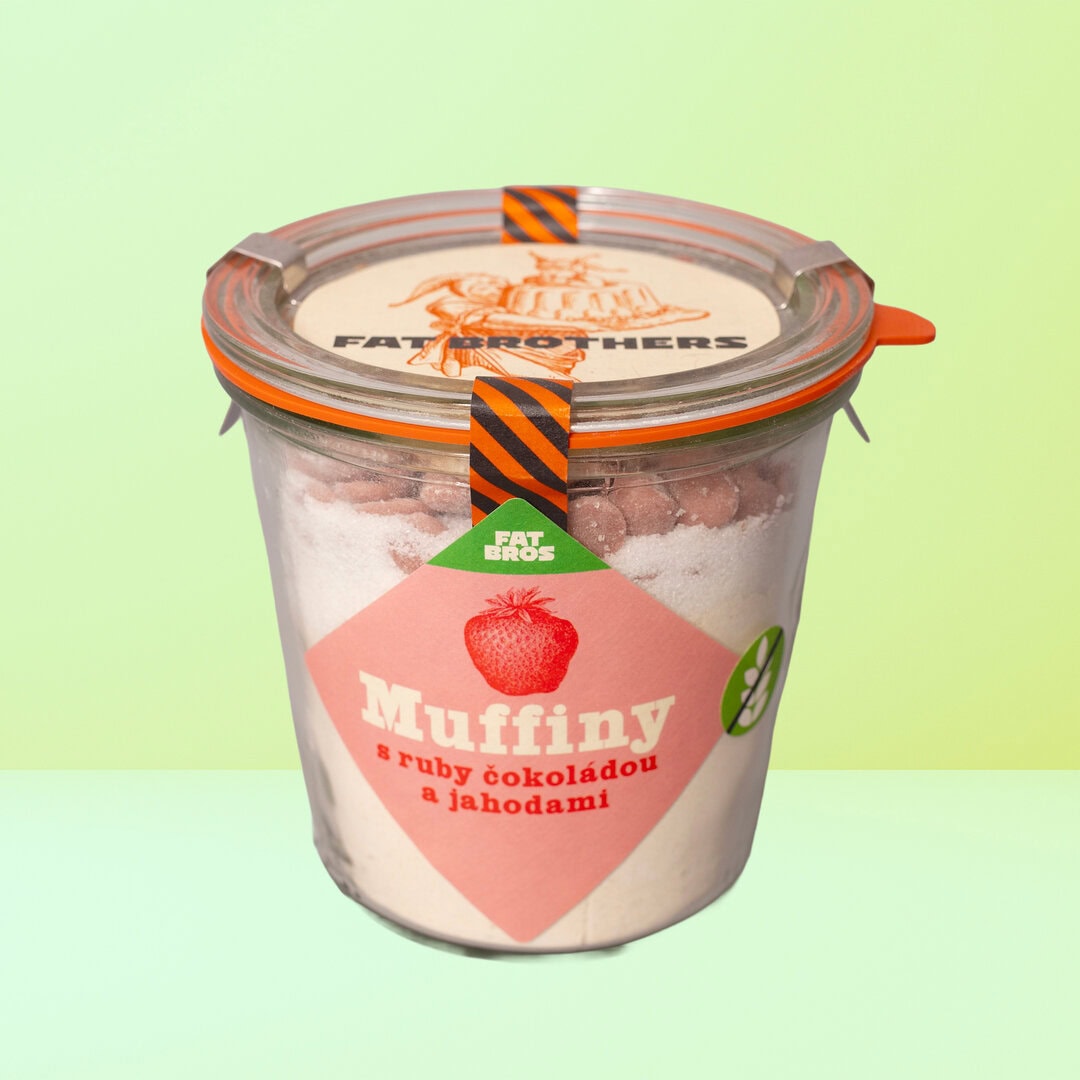 Muffiny ruby coko jahodaq Bezlepkové muffiny s jahodami a ruby čokoládou - zmes na pečenie v dóze