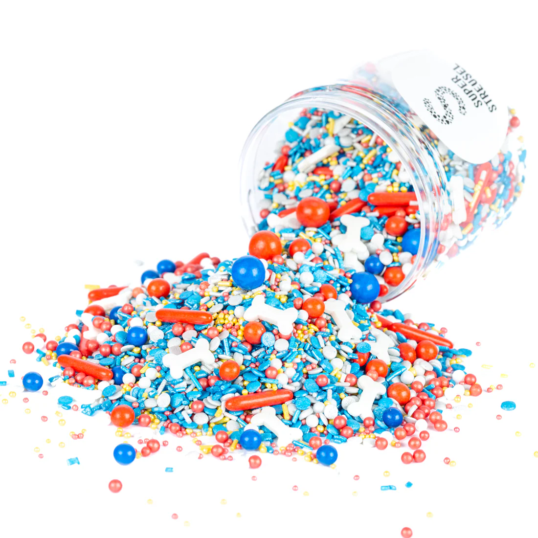 SuperStreusel_Shop_WuffWuff_180g Pestrý detský cukrový posyp na koláče a torty Psí hrdinovia - Happy Sprinkles